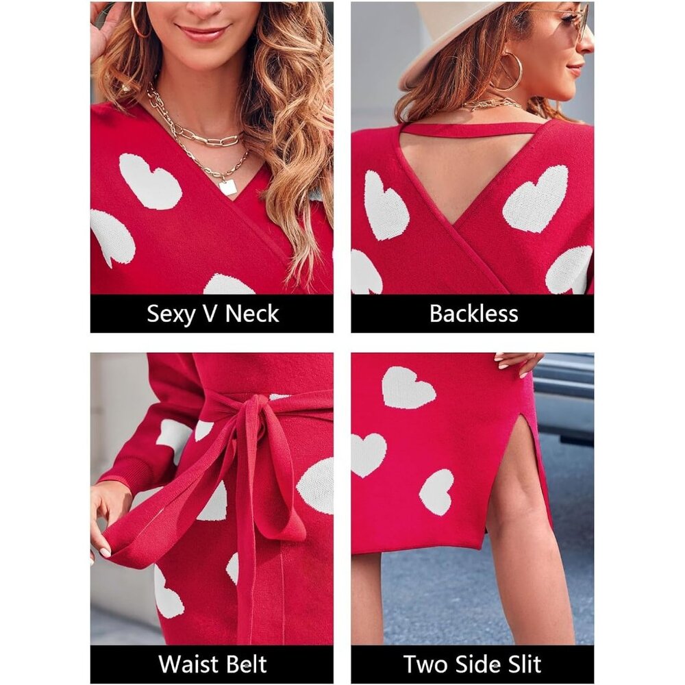 Women's Sweater Dress Wrap Batwing V Neck Slit Bodycon Dress Valentine Red - Picture 4 of 5